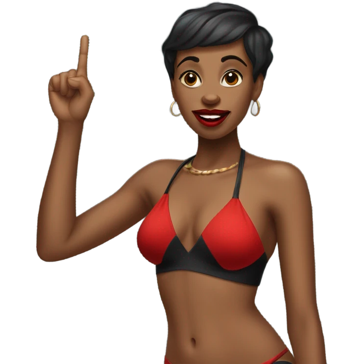 Slim vuluotuod Black woman with short hair and red lipstick in a bikini wagging her finger while saying no emoji