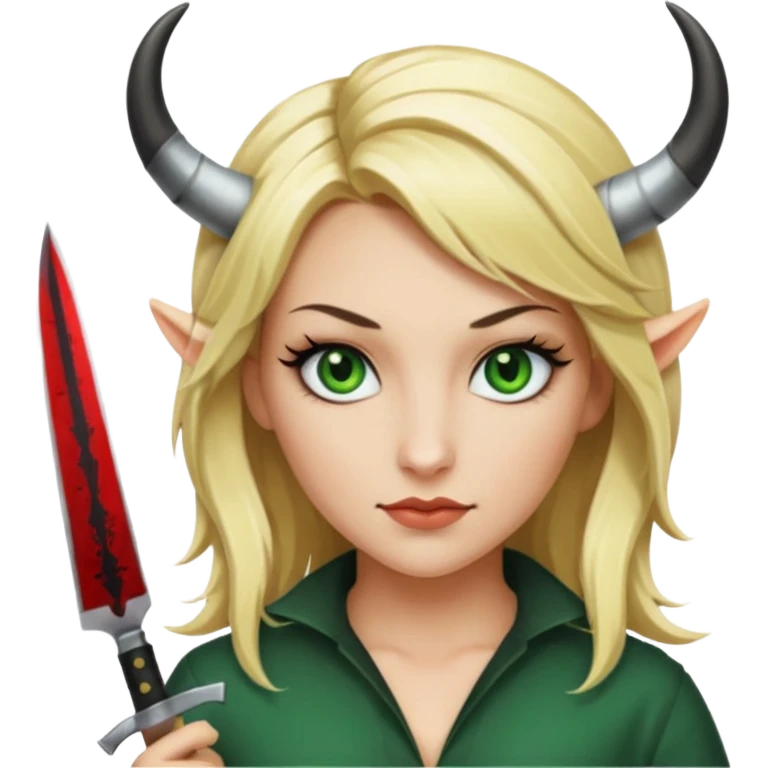 Emoji femme blonde cheveux blond, yeux vert avec de long cils noir qui a des cornes et tiens un couteau  emoji
