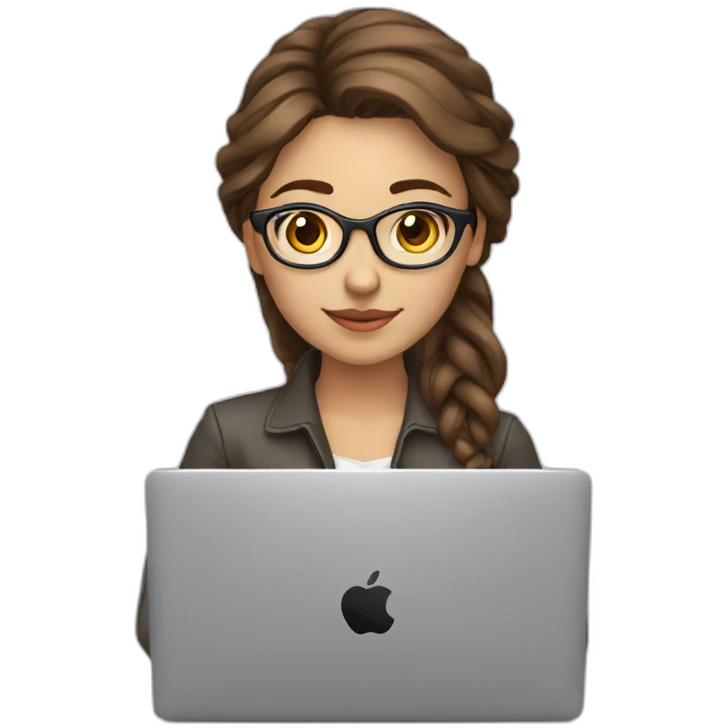 Beautiful programmer girl with brown hair working with MacBook emoji