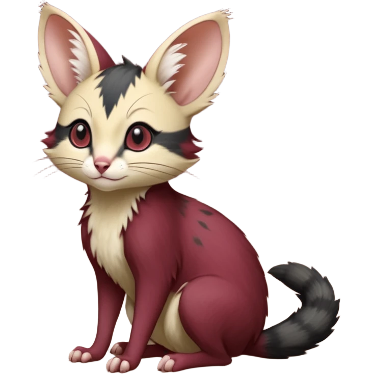 Wine-Red, black-pointed, soft natural realistic romantic vintage antique divine beautiful elegant pretty precious cute young youthful  Fakémon-Pokémon-opossum-feline-mouse-serval-caracal-chinchilla-Minccino-Cinccino-Meowstic-rodent-hybrid-creature with a big fluffy bushy tail (full body) emoji