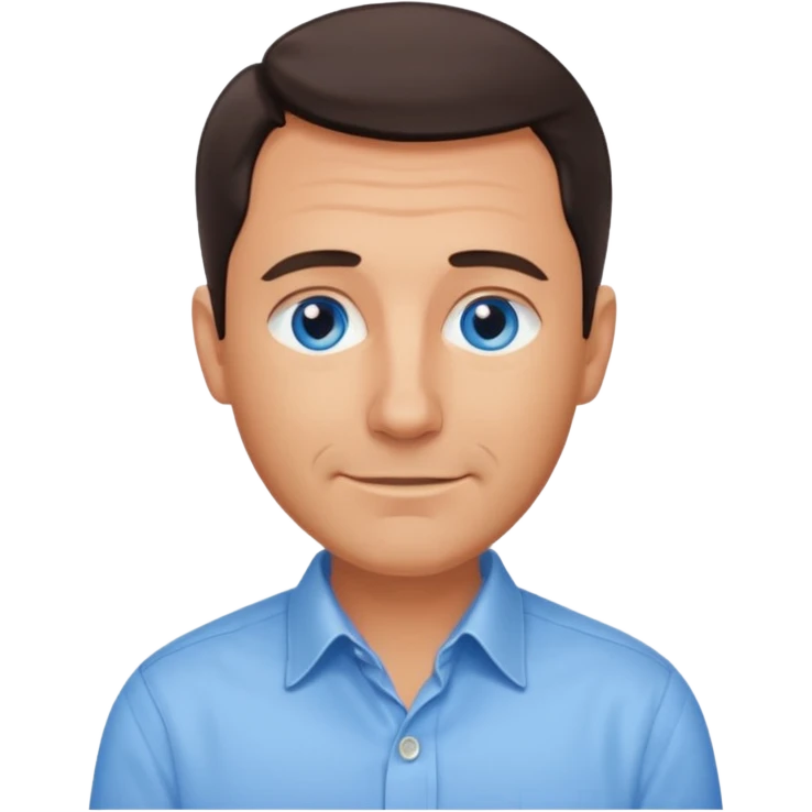 Middle aged man with tanned skin, receding dark hair and no beard, blue eyes, shy smile emoji