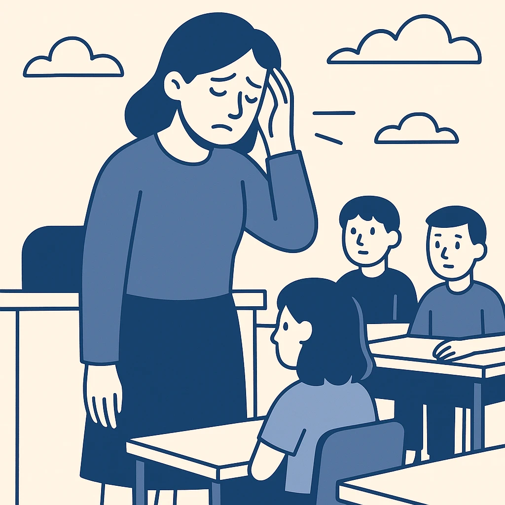 exhausted teacher in a bustling classroom emoji