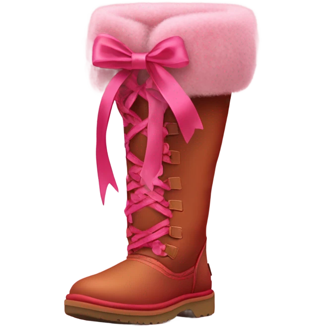 Realistic isolated pair of tall Red Ugg Fur Boots laced up with pink silk ribbon bows. emoji