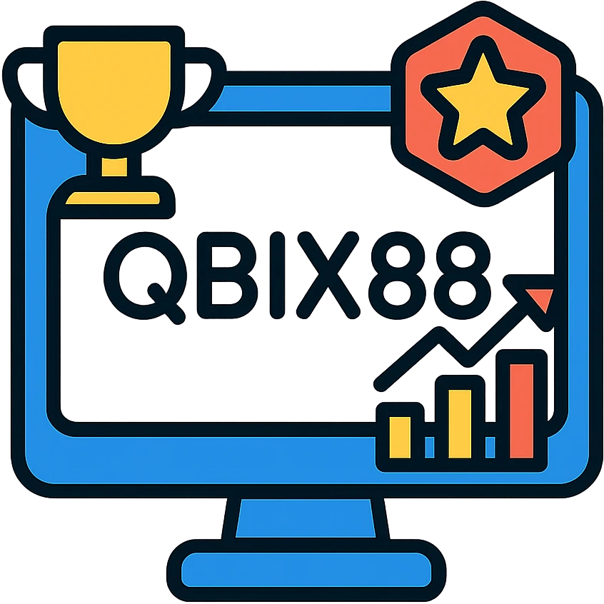 Gaming platform icon for qbix88 online games with trophy, expert badge and popularity chart emoji