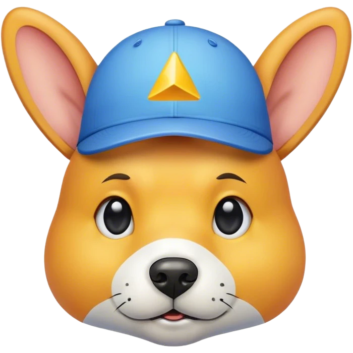 A Peach dog head with ears and black line as easy a normal black smiley face Body Blue triangle with a yellow cracked egg chape logo on ite and on the dogs head there's a blue square cap with the Same yellow cracked egg logo in the middle  emoji