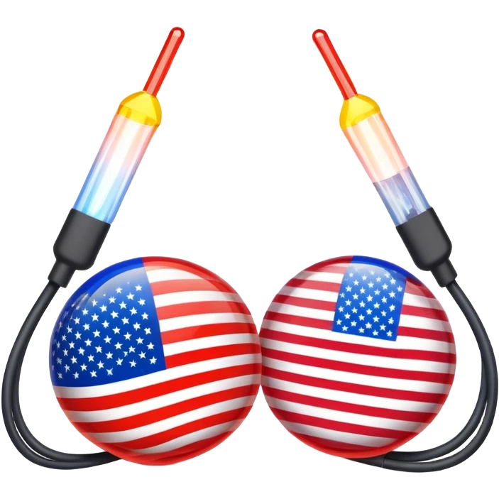 symbolic hot wire connecting Russia and USA with Russian and US flags at each end, glowing wire in the middle, tense atmosphere emoji