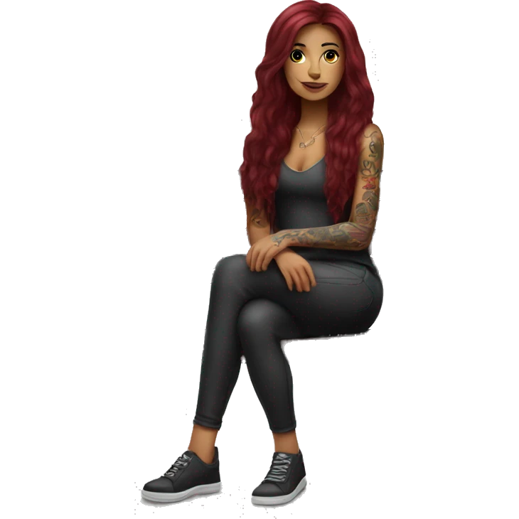 Beautiful tattooed burgundy long haired woman sitting on a bench emoji