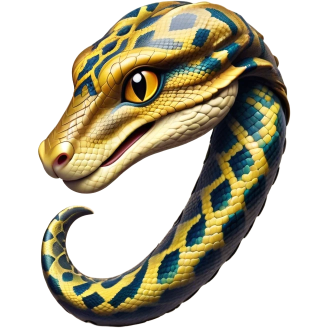 Cinematic Noble Python Portrait Emoji, Poised and regal, with a powerful, sinuous body adorned in intricate scale patterns and piercing, focused eyes, Simplified yet sharp and sophisticated features, highly detailed, glowing with a soft, earthy glow, high shine, intelligent and formidable, stylized with an air of primal elegance, focused and commanding, soft glowing outline, capturing the essence of a watchful and confident serpent that appears ready to coil out of the screen with effortless authority! emoji