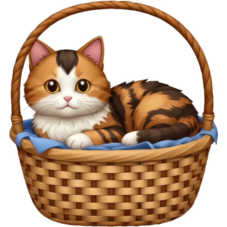a tricolor cat is lying in a basket emoji