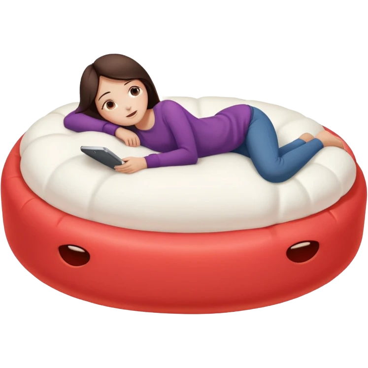 brunette girl resting on a giant marshmallow bed emoji