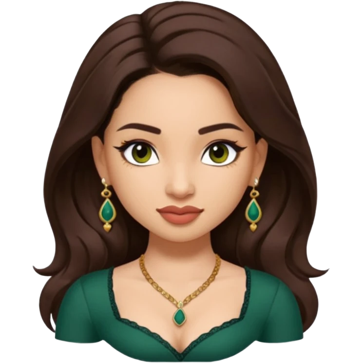 pretty bratz genmoji that looks like tamannah bhatia (bollywood actress), wearing a dark green sweetheart neckline top, dark brown hair, light makeup, no necklace, dangly earrings, side hair part, dark brown eyes, with tattoos emoji