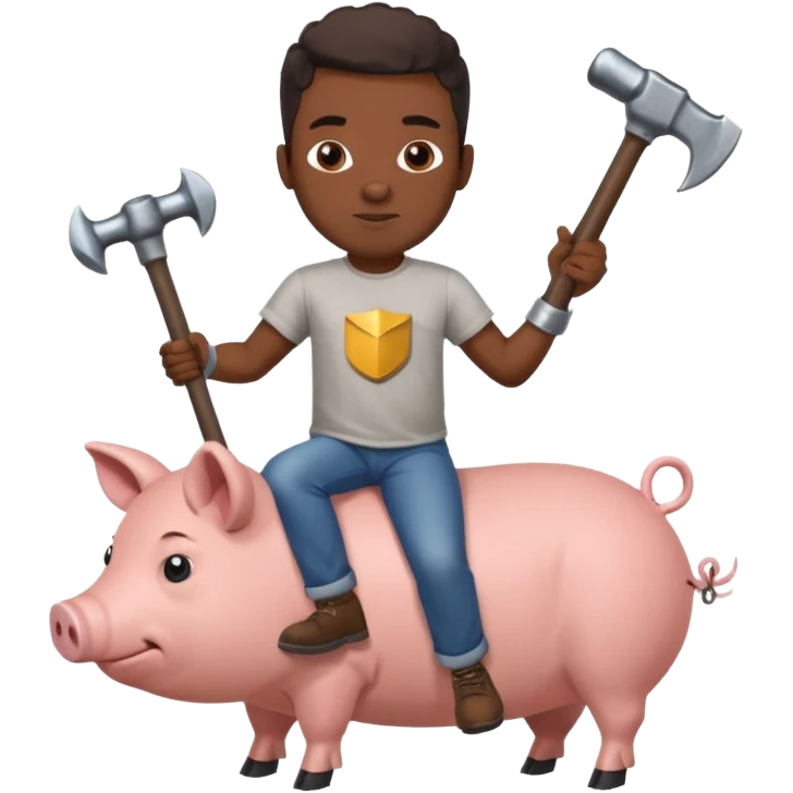 Black man holding a large hammer while riding a pig emoji