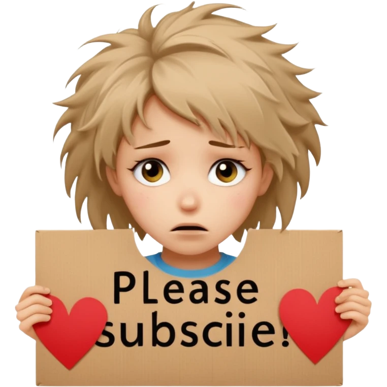 Sad realistic emoji of a young woman with messy hair, holding a cardboard sign that says "PLEASE SUBSCRIBE", emotional begging expression, cinematic lighting, shallow depth of field, soft blurred background, high detail, viral social media style emoji