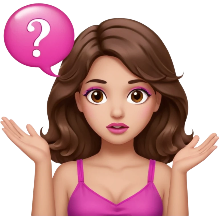 girl with long wavy brown hair, brown eyes, long lashes makeup, sexy pink lips, light to medium complexion, pink sexy top, two hands up, shrugging, confused question mark bubble sign emoji