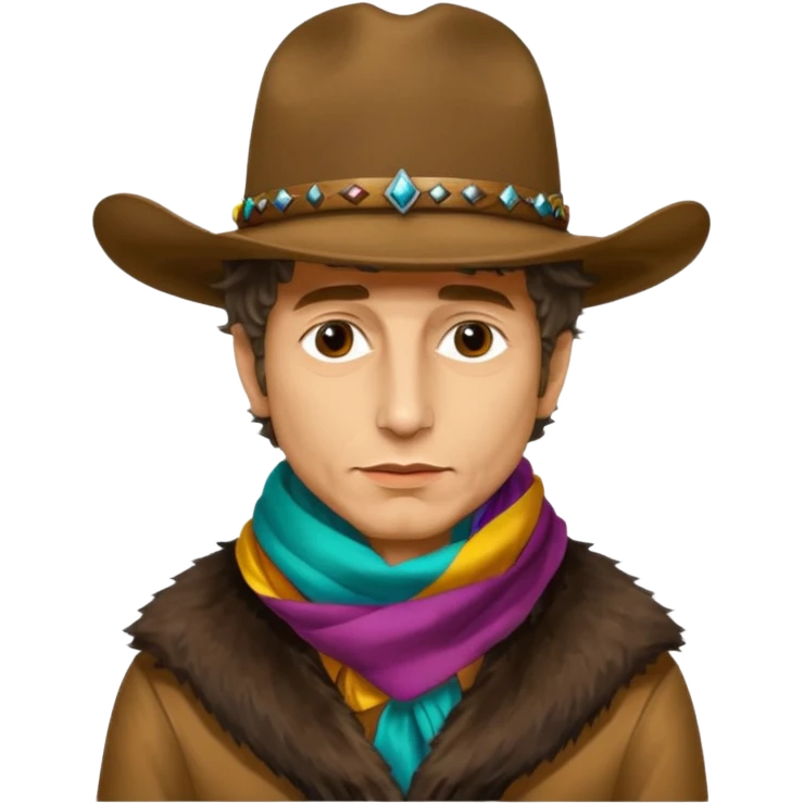 realistic cinematic Bob Dylan profile portrait with dirty cowboy hat on head and colorful silk scarf around neck, fur coat - Desire album cover emoji