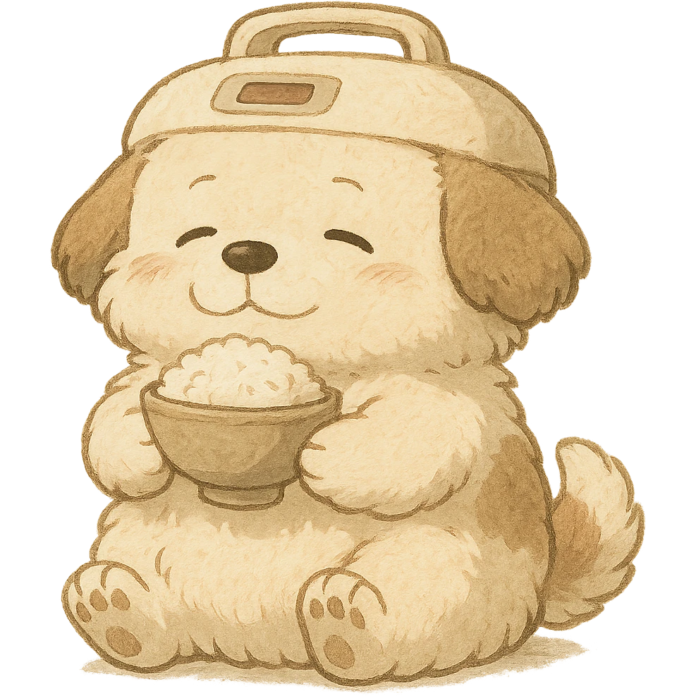 chibi rice cooker as a soft, fluffy dog with a round belly, holding a rice bowl, soft cream and brown, full-body emoji