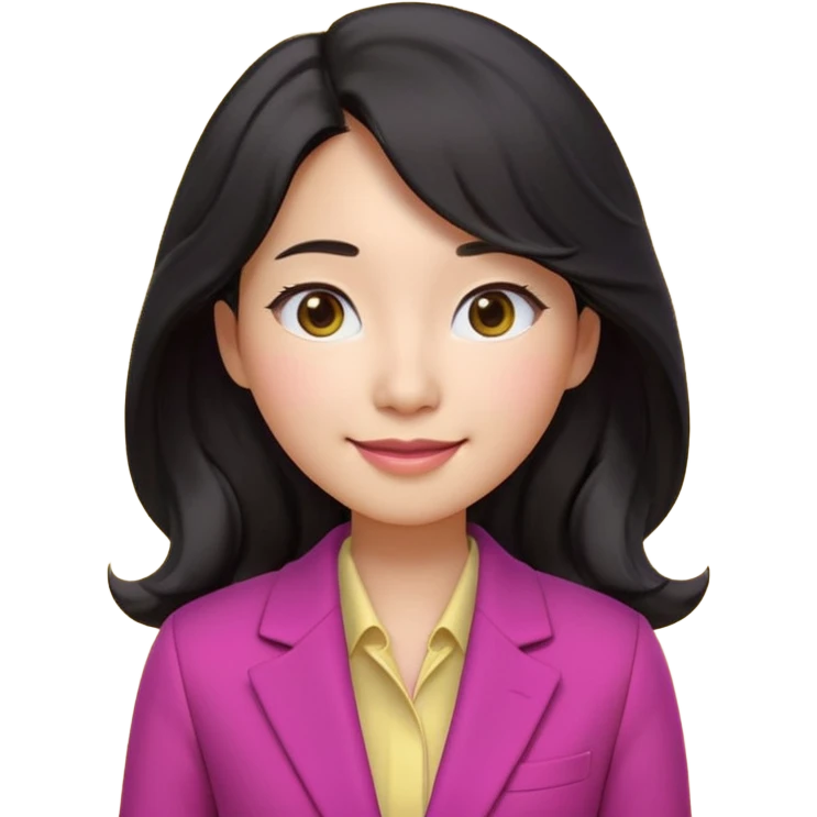 Ultra cute 3D emoji of a Korean woman, long wavy black hair, big brown eyes, small nose, warm smile, smooth pastel skin, wearing a magenta blazer over a dark top, on a solid lemon yellow background. Clean Pixar-style, soft lighting, simple shapes, no text, no background objects, high resolution. emoji