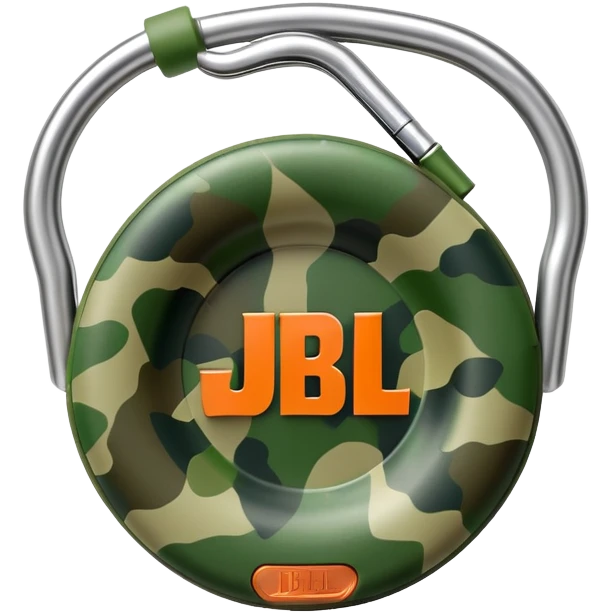 Extremely simple JBL Clip 4, clean circular form with hook, just 2-3 green camo elements, prominent JBL logo, iOS emoji style emoji