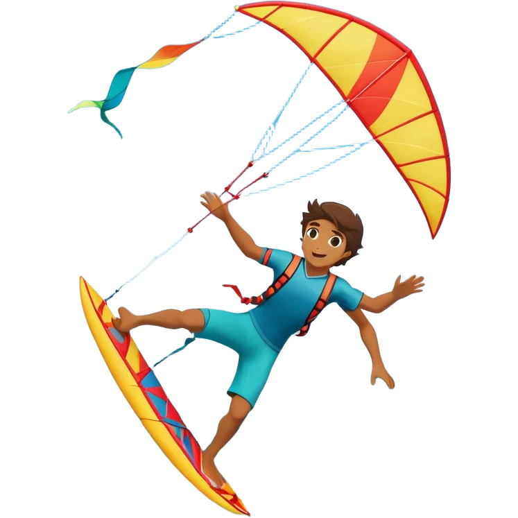 A kite surfer soaring above the waves, holding onto a kite with the wind in full force. The background showcases the ocean and sky, emphasizing the freedom, thrill, and energy of the sport. The motion of the kite and board is dynamic, capturing the excitement of kiting. emoji