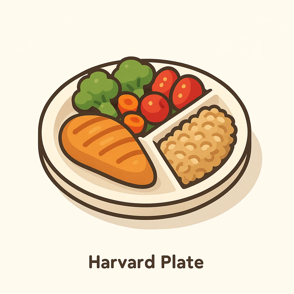 Harvard plate: half filled with colorful vegetables including broccoli, carrots, tomatoes; one quarter with grilled chicken breast as protein; one quarter with brown rice as complex carbs, 2D isometric illustration style emoji