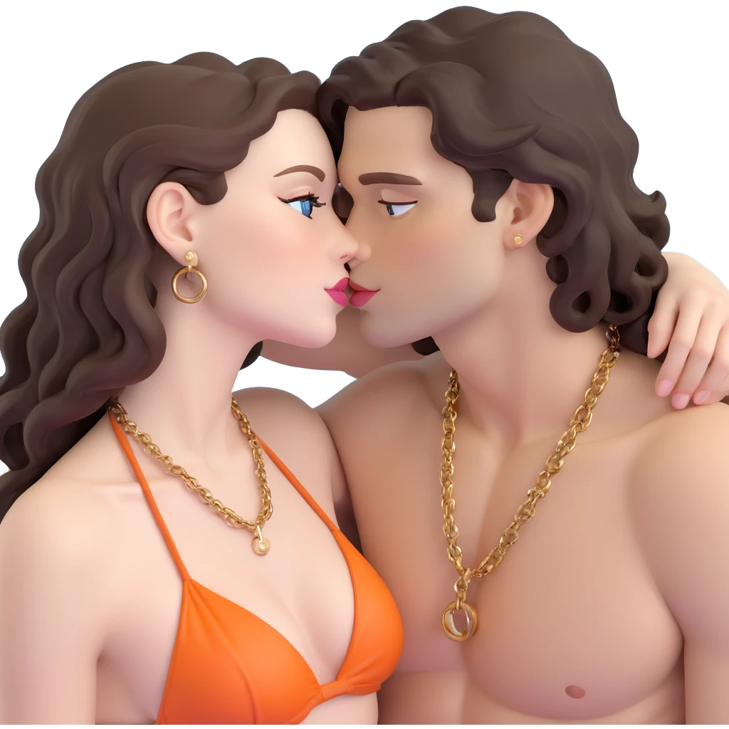 attractive couple kissing on beach at sunset, orange and pink sky, ocean waves, curvier woman with fuller figure, big blue-grey eyes, long lashes, pale skin, pink lips, long voluminous dark brown curls, gold hoop earrings, extremely minimal micro bikini barely covering anything on her plumper body, embracing handsome man with intense blue-grey eyes, chiseled features, pale skin, dark brown styled hair, gold chain, extremely minimal swimwear, most revealing possible outfits, romantic passionate kiss emoji