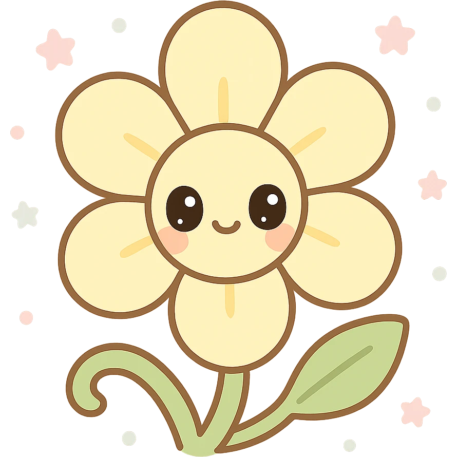 vanilla flower in kawaii style, big shiny doe eyes, soft expression, transparent background emoji