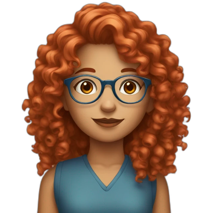 pretty girl with curly copper hair and blue glasses holding a big banner emoji