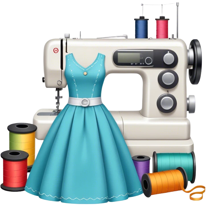 Sewing icon, measuring tape, pins, scissors, and a dress in progress, sewing machine with thread, visible needle, spools of thread, fabric pieces cut according to patterns, minimalistic style, clean lines, transparent background. emoji