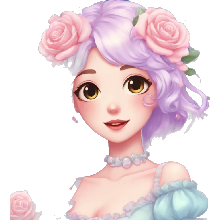 Gorgeous pastel anime style lady with blushing face and roses cottagecore fairycore pastelcore shiny colorful pearly aesthetic trending style emoji