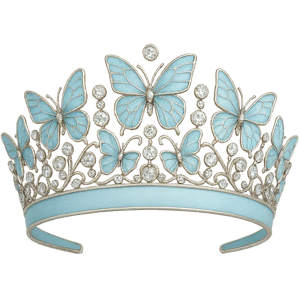 butterfly crown with a pastel blue base, butterflies in light blue enamel, sparkling gems emoji