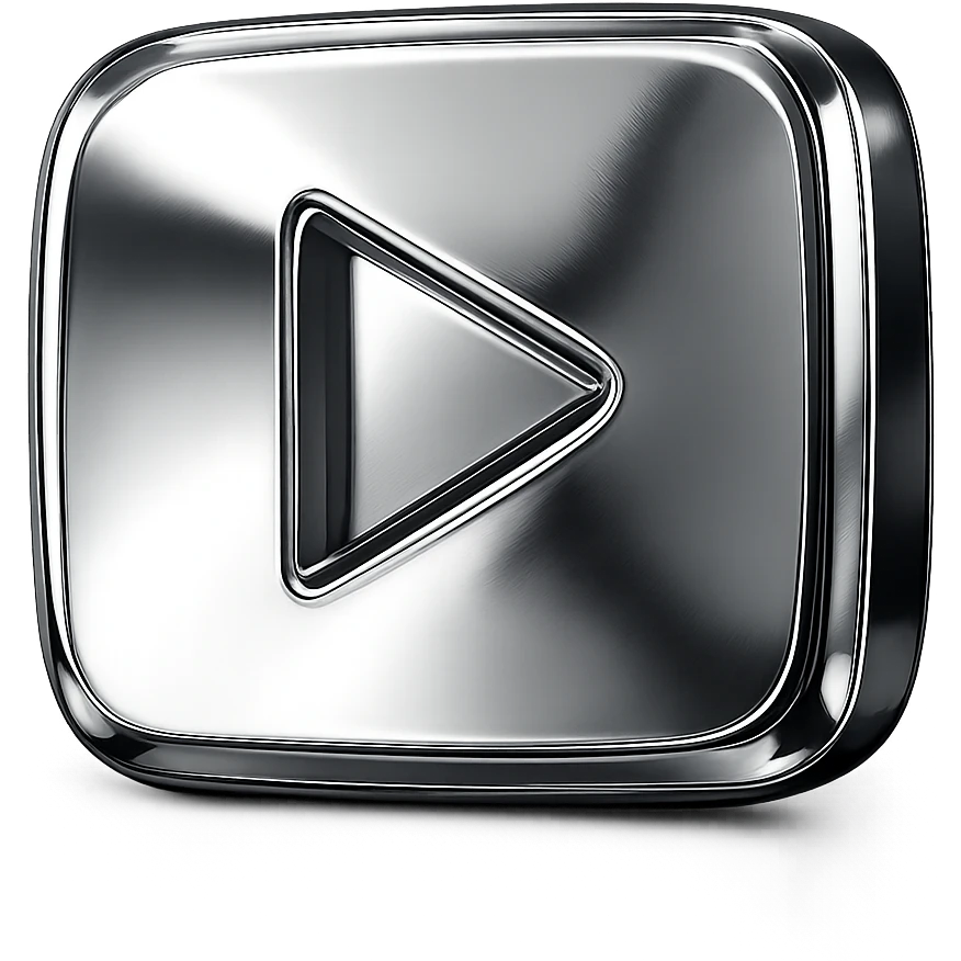 reflective chrome play button with polished finish and radiant shine emoji