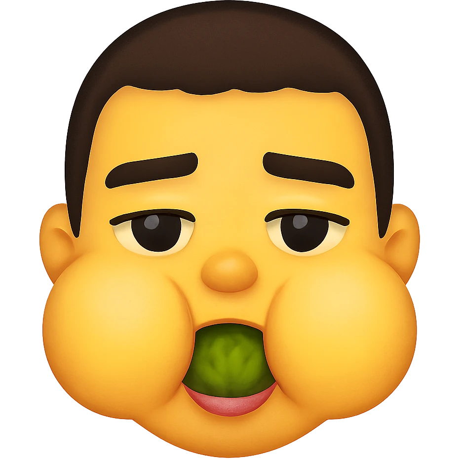 Create a stylized portrait emoji inspired by the Apple emoji style, focusing on puffed cheeks and food in the mouth, without any text. The background should be removed. emoji