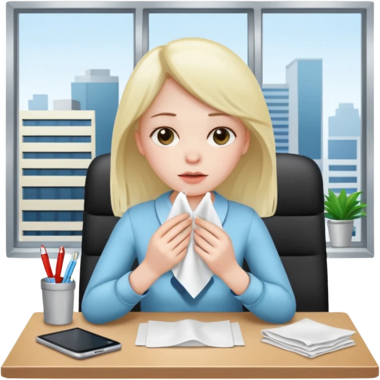 хвора дівчина сидить в офісі за столом, у неї в руках хустинка emoji