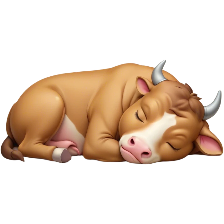 Meme-Worthy Cute Sleeping Domestic Bull Portrait Emoji, Head resting peacefully with a contented smile, showcasing a robust, muscular build and a luxuriously soft coat, eyes gently closed in serene, restful slumber, Simplified yet hilariously adorable features, highly detailed, glowing with a soft, drowsy natural light, high shine, relaxed and utterly lovable, stylized with an air of playful laziness, soft glowing outline, capturing the essence of a sleeping domestic bull that feels destined to become the next viral sensation of adorable rest! emoji