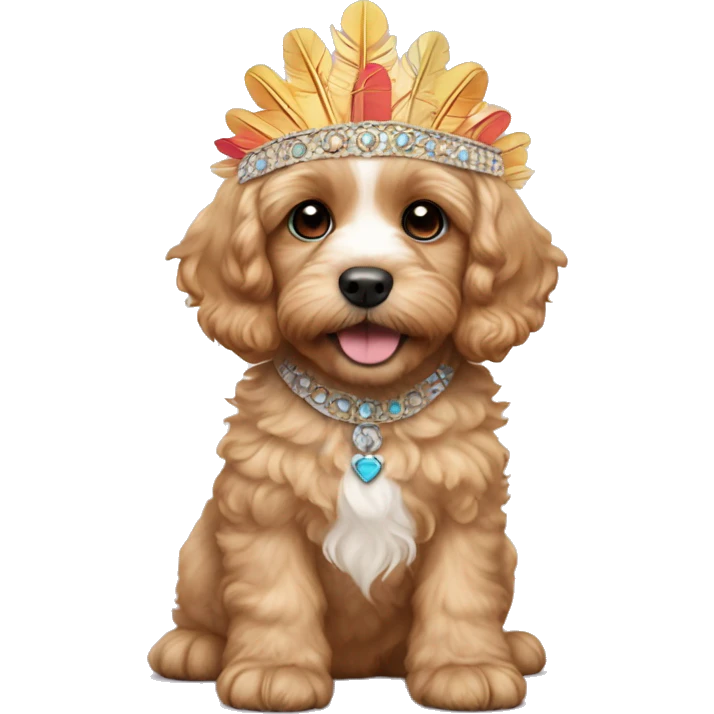 blond cavapoo puppy wearing a featheredheaddress emoji