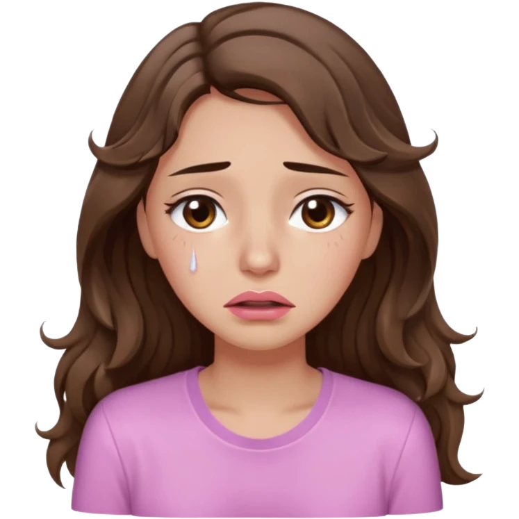 girl with wavy long brown hair, brown eyes, light to medium complexion, long lashes, light pink lipstick, wearing light pink shirt, weeping lots of big tears emoji