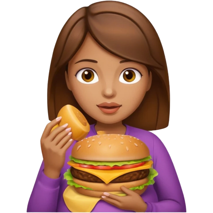 Pregnant woman with brown hair and brown eyes eating a cheeseburger emoji