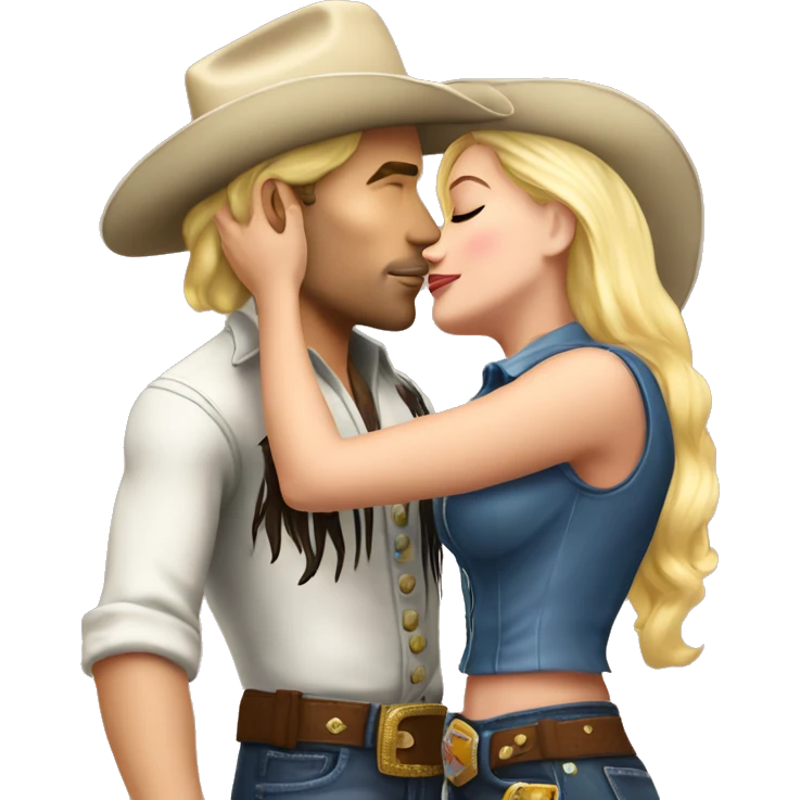 a short blonde cowgirl kissing the cheek of a tall blonde cowboy full body emoji