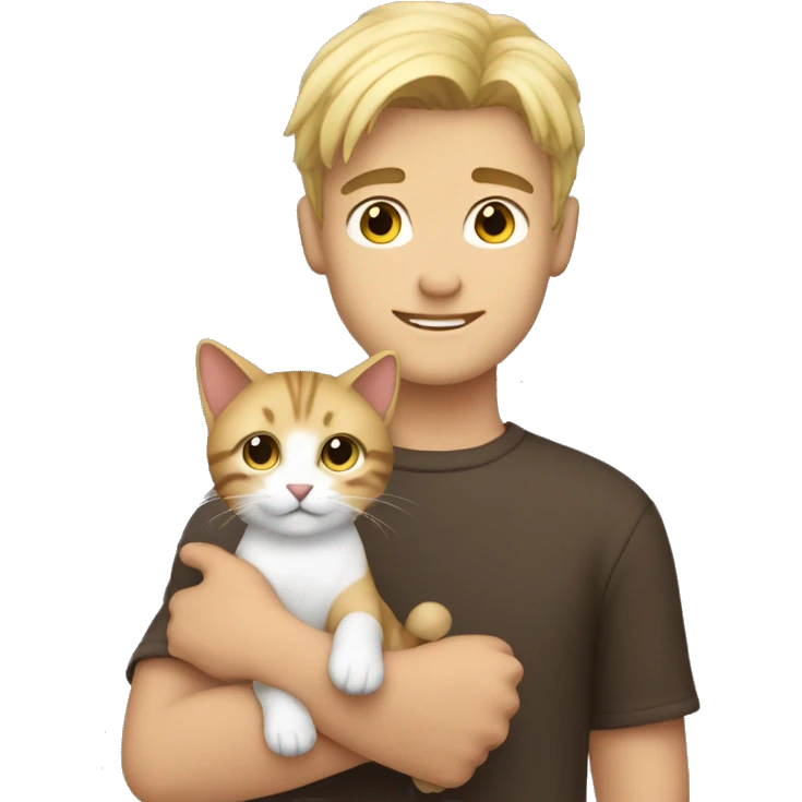 young beautiful guy with blonde hair and brown little cat in his hands  emoji