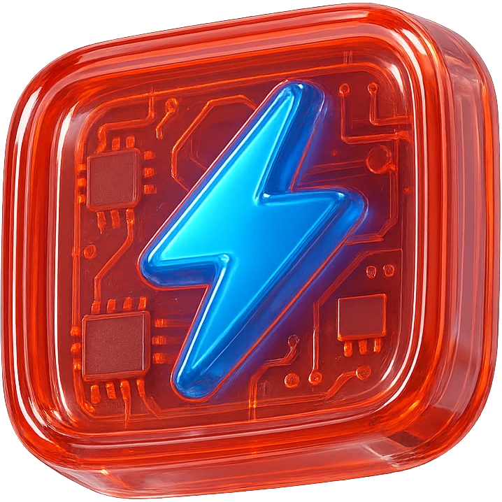 YouTube logo centered on red background with a blue lightning bolt inside, glossy circuit style emoji