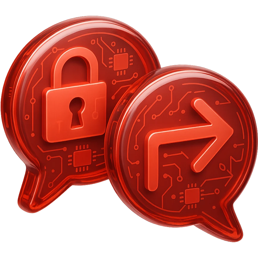 Create a Slack emoji icon in the glossy circuit style as the reference image. Show two bold chat bubbles, one with a padlock and the other with a small external arrow, visually indicating a conversation blocked due to an external party. Use bold lines and clear shapes with a glossy red chat bubble base, ensuring clarity and readability at small size. emoji
