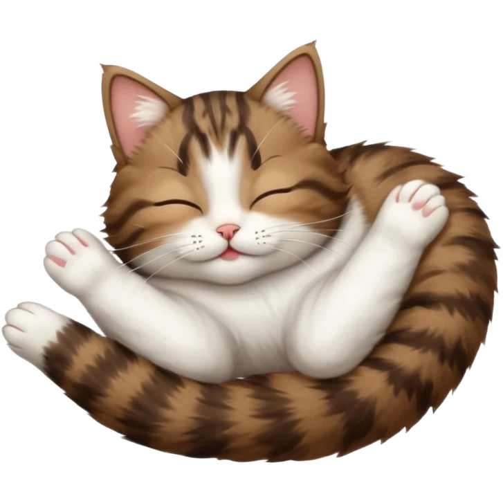 dark brown tabby and white small cat in funny positions upside down with eyes closed emoji