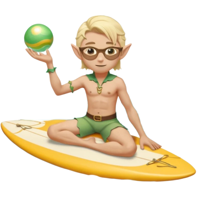 elf male legolas sitting on surfboard (ashore), hands manipulating two orbs of swirling seawater giving a "massage" to his own shoulders, wearing relaxed linen shorts over swimwear, tinted elven sunglasses, pointy ears, content expression, centered emoji emoji