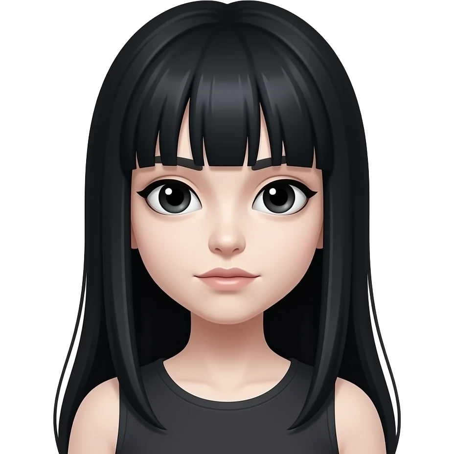 crie uma garota zumbi com cabelo longo preto com franja e olhos pretos 🧟‍♀️ emoji
