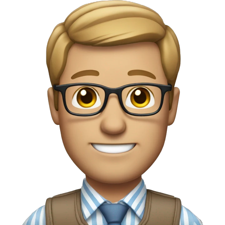 A Memoji-style avatar of a middle-aged man with glasses, short light brown hair, and a friendly expression. The avatar should be wearing a light blue striped shirt with a grey patterned tie, against a white background. emoji