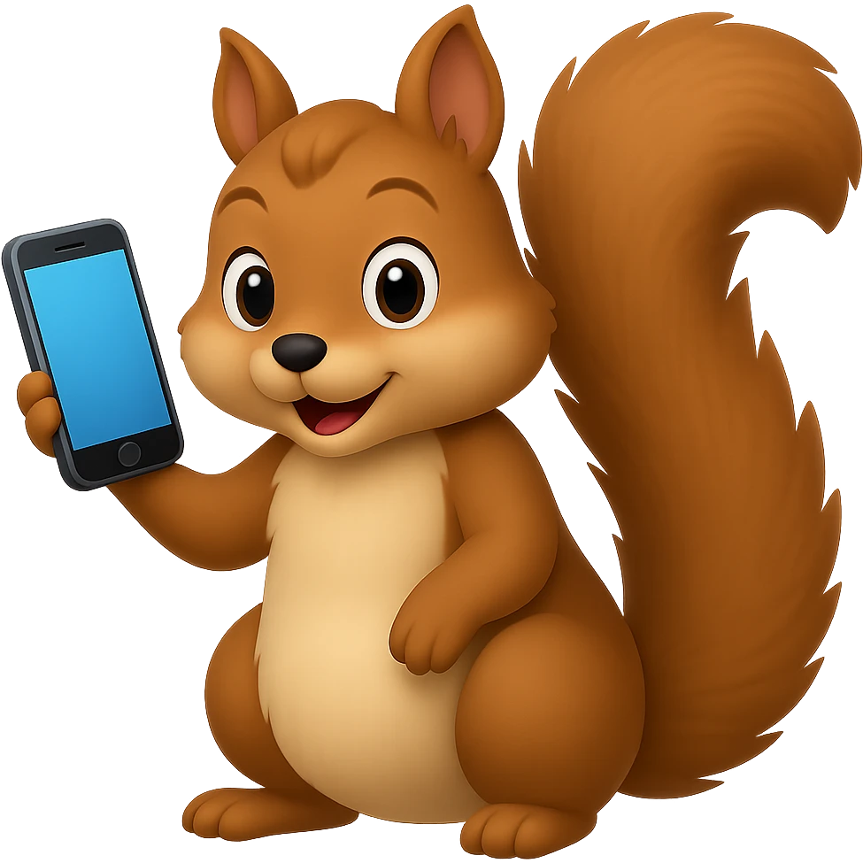 Edit this apple style emoji squirrel so it is only holding a single phone instead of two phones, remove one phone, keep the apple emoji style consistent, and remove the background. emoji