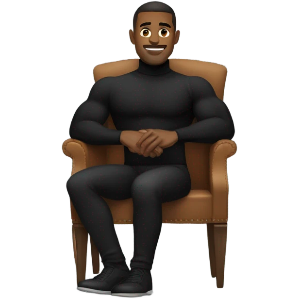 muscle man in black turtleneck shirt and black pants sitting in chair emoji