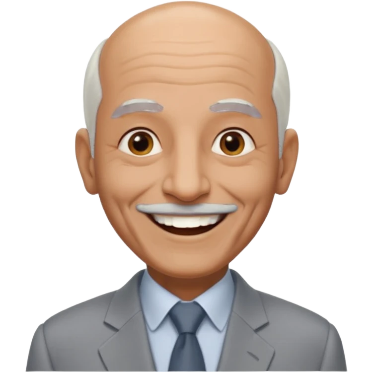 70 yr old man, almost bald, some white hair, pakistani, light grey business suit, big smile, dark skin, no moustache
 emoji