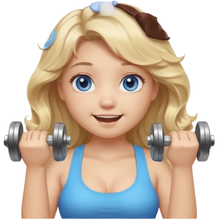 Kawaii emoji girl with big  blue glossy eyes, long wavy dirty blonde hair, happy expression, holding a dumbell, chubby cheeks, soft pastel colors, cozy and sweet aesthetic, clean background. emoji