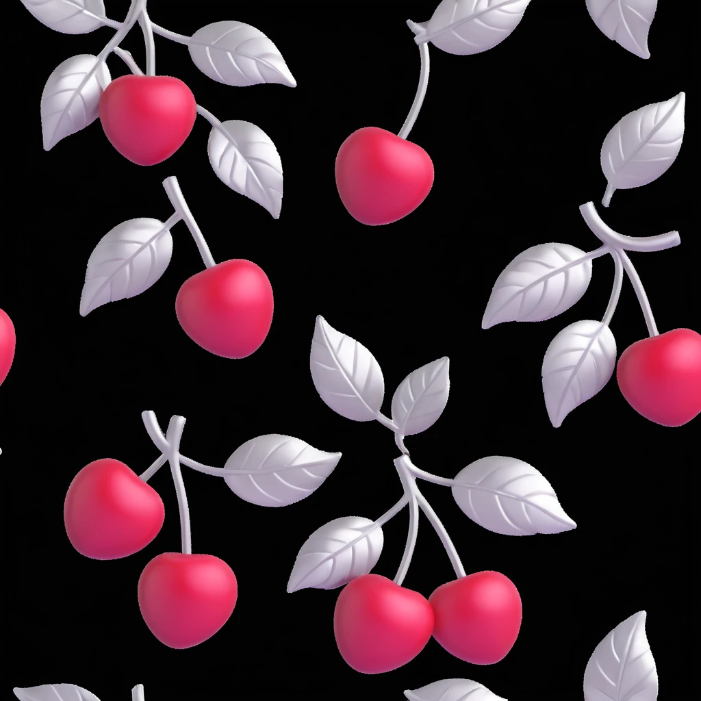silver metal cherries in a 3D style, highly reflective, detailed, with metallic leaves, transparent background emoji